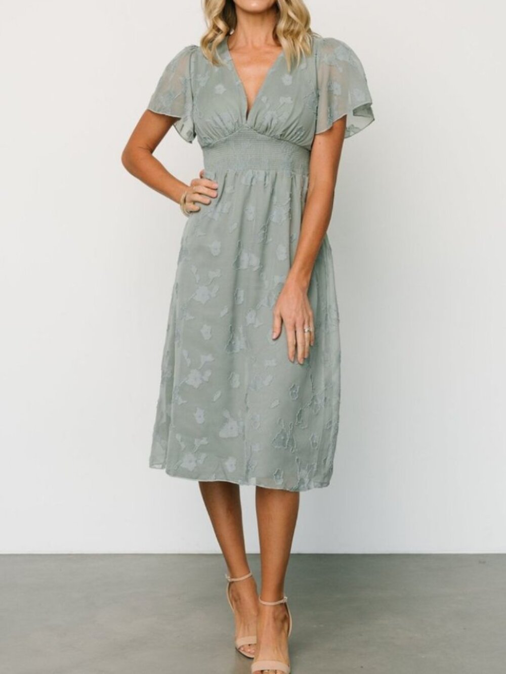 Baltic Born NEW June Smocked Midi Dress In Sage Green Size M - Picture 2 of 16